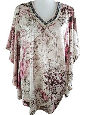 Catherines Velvet Floral Beaded Batwing Poncho Blouse In 2X